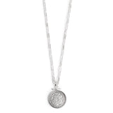Silver pendant disc with script and crystals