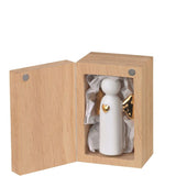 Small Porcelain white angel with gold heart in wooden keepsake box