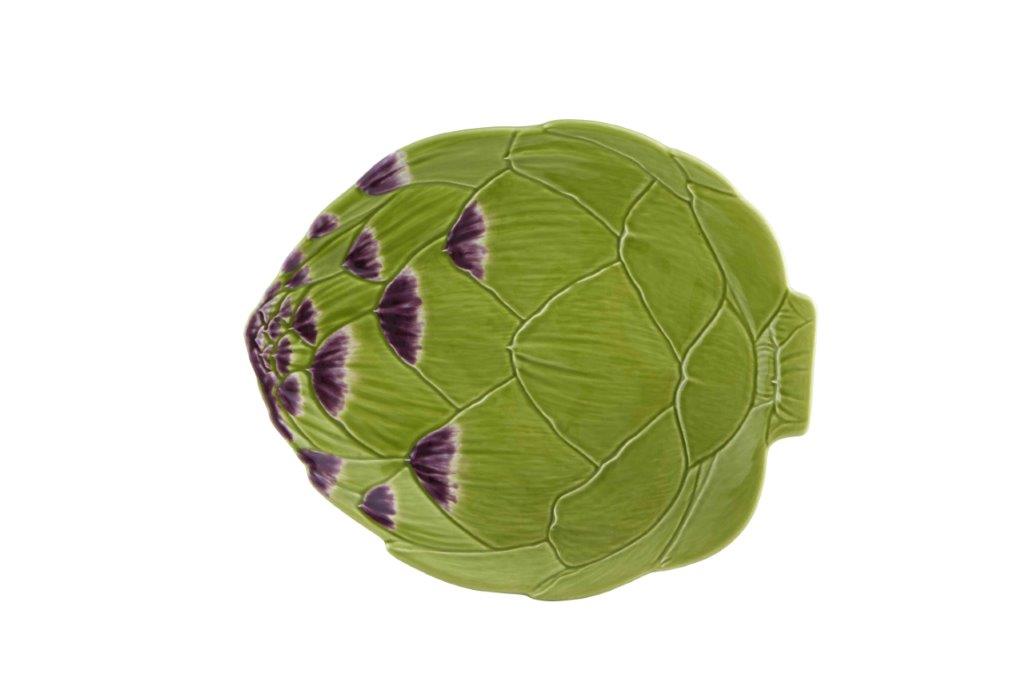 Green artichoke-shaped plate on a white background