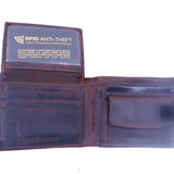 Brown leather wallet with RFID anti-theft feature on a white background