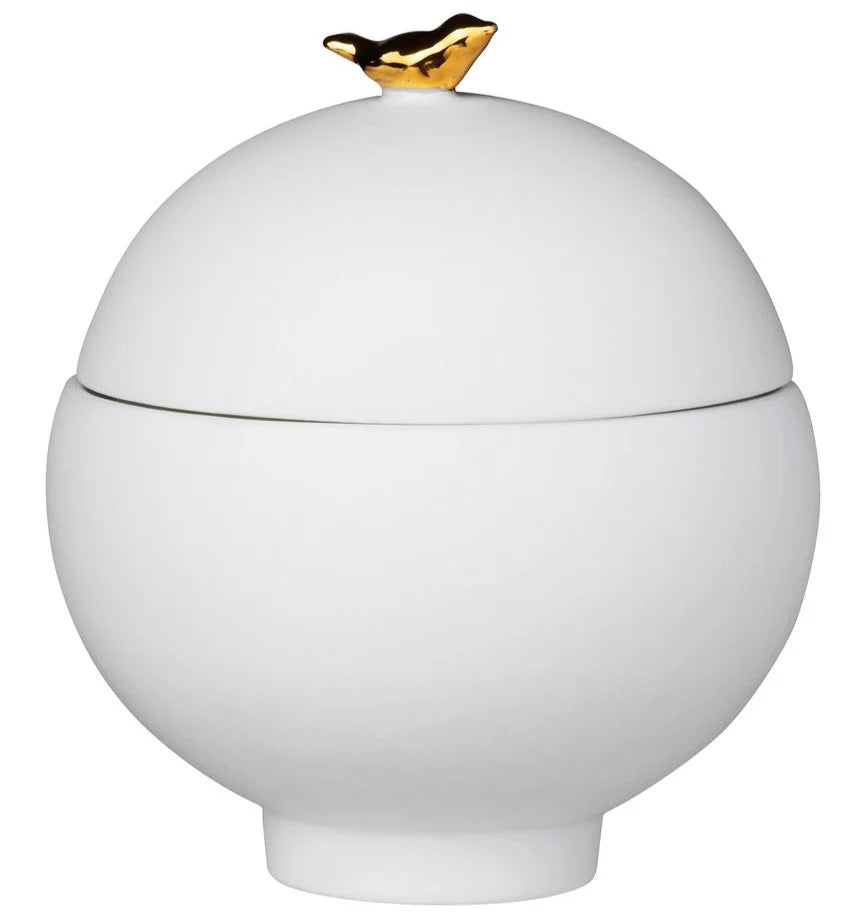 Porcelain round trinket or keepsake box with a gold bird on top