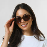 Woman wearing sunglasses and a white shirt against a plain background