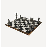 Chess set wooden board with alluminium pieces.