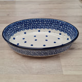 Blue and white oval shaped pottery baker