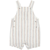 Classic striped short overalls in natura; beachy colours of softs brown, blue and cream for baby and kids