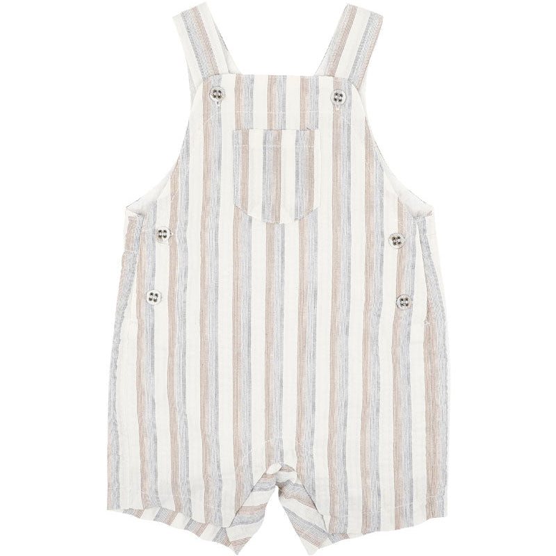 Classic striped short overalls in natura; beachy colours of softs brown, blue and cream for baby and kids