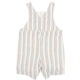Classic striped short overalls in natura; beachy colours of softs brown, blue and cream for baby and kids