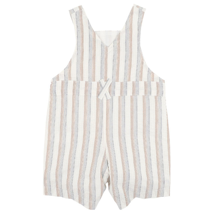 Classic striped short overalls in natura; beachy colours of softs brown, blue and cream for baby and kids