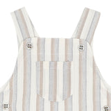 Classic striped short overalls in natura; beachy colours of softs brown, blue and cream for baby and kids