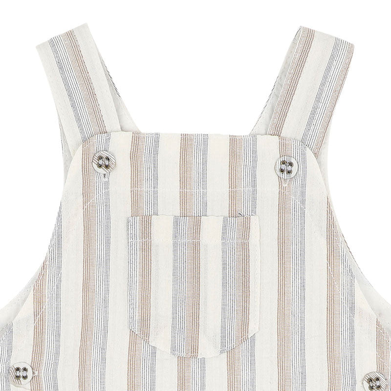 Classic striped short overalls in natura; beachy colours of softs brown, blue and cream for baby and kids