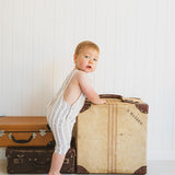 Classic striped short overalls in natura; beachy colours of softs brown, blue and cream for baby and kids