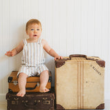 Classic striped short overalls in natura; beachy colours of softs brown, blue and cream for baby and kids