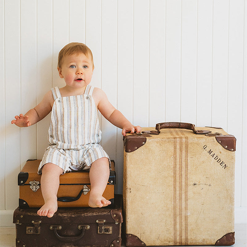 Classic striped short overalls in natura; beachy colours of softs brown, blue and cream for baby and kids