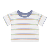 Baby teeshirt in blue, green and mustard multistripes on a white background with a blue collar