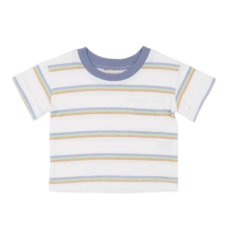 Baby teeshirt in blue, green and mustard multistripes on a white background with a blue collar