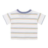 Baby teeshirt in blue, green and mustard multistripes on a white background with a blue collar