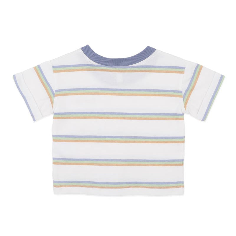 Baby teeshirt in blue, green and mustard multistripes on a white background with a blue collar
