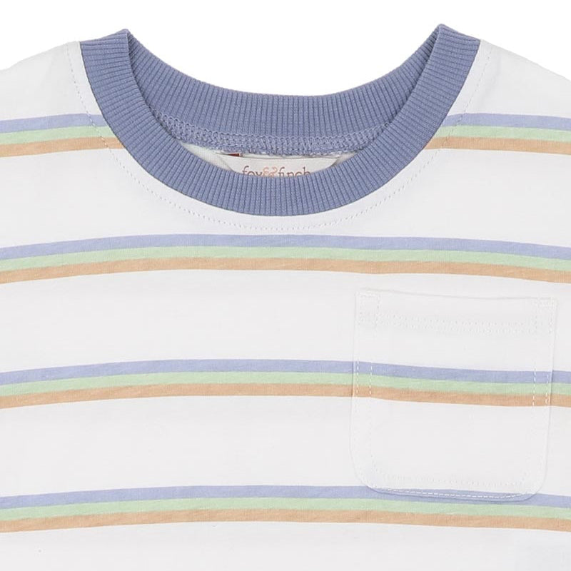 Baby teeshirt in blue, green and mustard multistripes on a white background with a blue collar