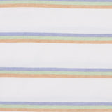 Baby teeshirt in blue, green and mustard multistripes on a white background with a blue collar