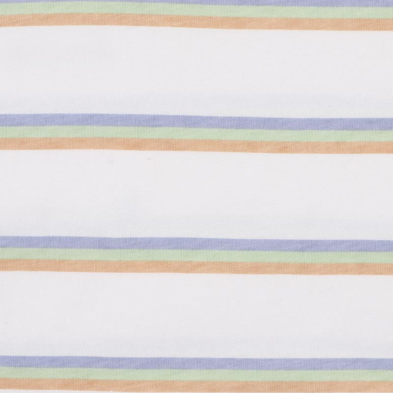 Baby teeshirt in blue, green and mustard multistripes on a white background with a blue collar