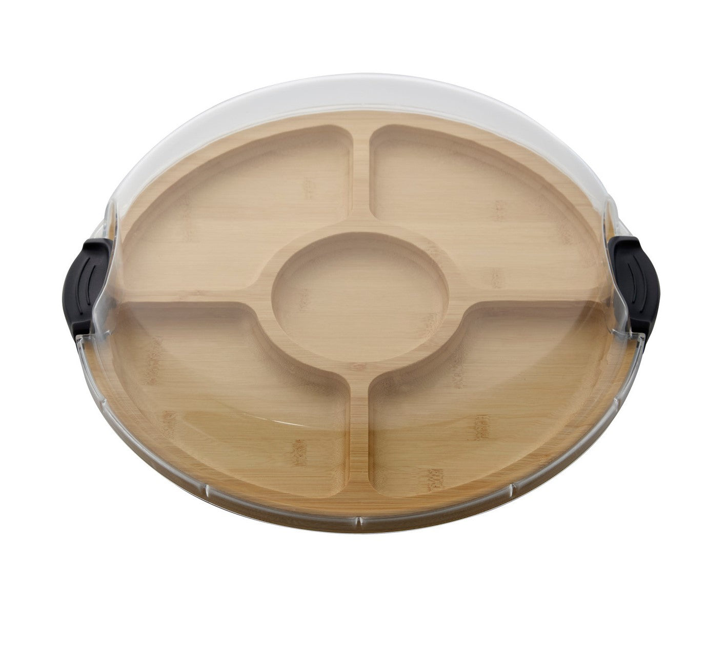 Bamboo tray with compartments and a plastic cover on a white background