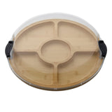 Bamboo tray with compartments and a plastic cover on a white background