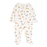 Baby onesie with animal pattern on a white background