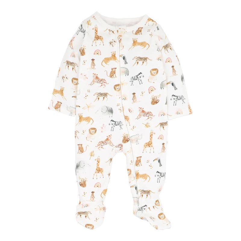 Baby onesie with animal pattern on a white background