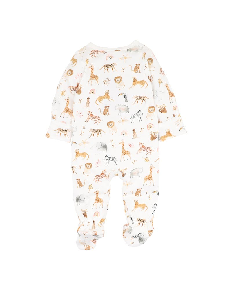 Baby onesie with animal pattern on a white background
