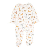 Baby onesie with animal pattern on a white background