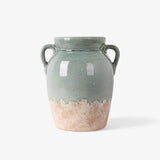 Tall pale blue and terracotta vase with handles