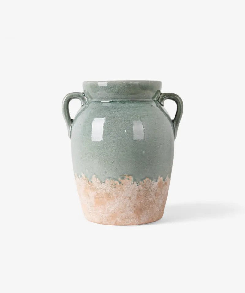 Tall pale blue and terracotta vase with handles