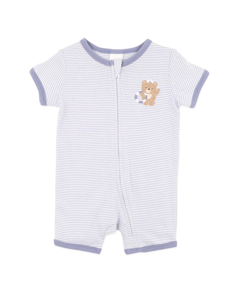 Striped baby romper with teddy bear design on a white background