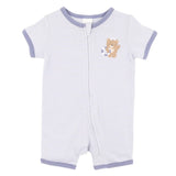 Striped baby romper with teddy bear design on a white background