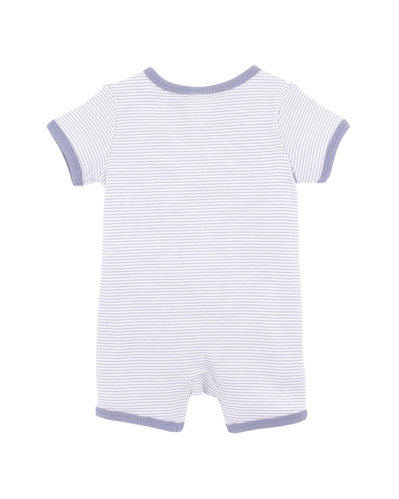 White baby romper with blue stripes on a white background