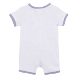White baby romper with blue stripes on a white background