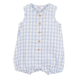 Baby romper with blue and white check pattern on a white background