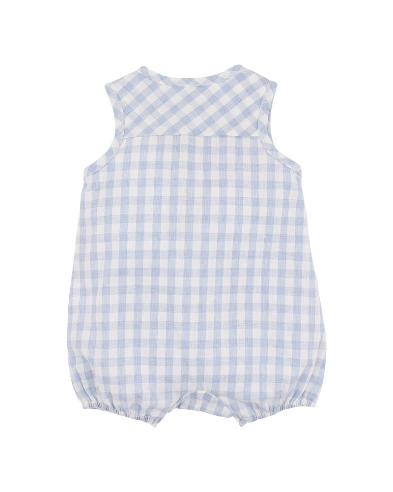 Blue and white checkered baby romper on a white background