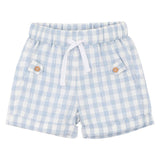 Blue and white checkered shorts with a drawstring on a white background