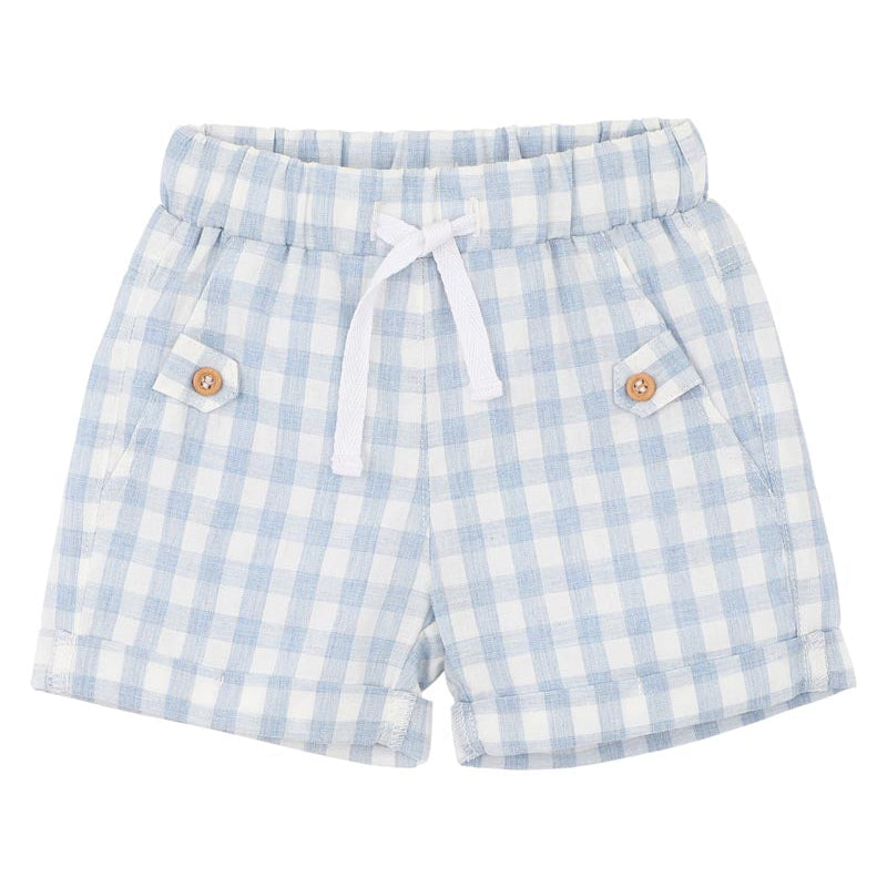 Blue and white checkered shorts with a drawstring on a white background