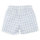 Blue and white checkered shorts on a white background