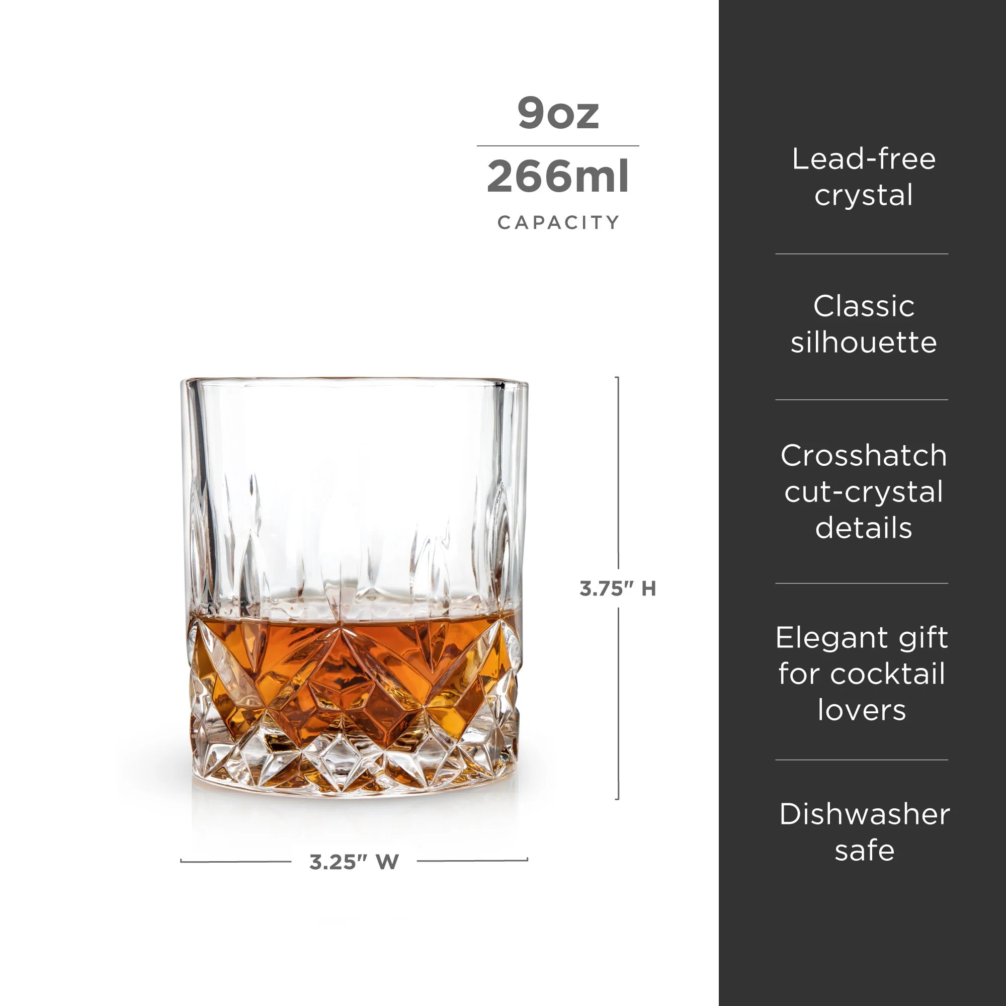 Crystal whiskey glass showing dimension at 3.75' H and 3.25" D
