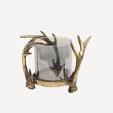 Antique Brass coloured hurrican lantern with deer antler Frame and soke coloured glass