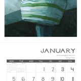 Calendar for January with a person carrying flowers, set against a light blue background.