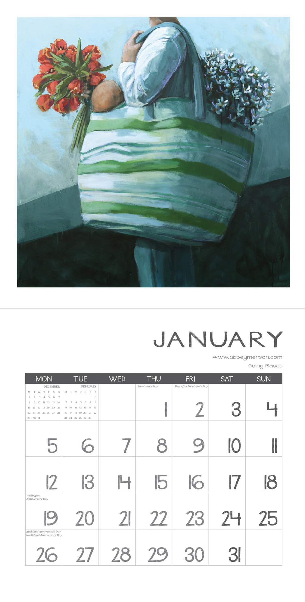 Calendar for January with a person carrying flowers, set against a light blue background.