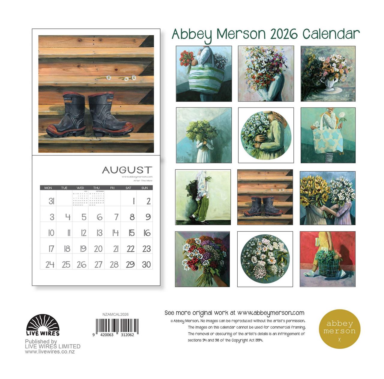 Back cover of Abbey Merson 2026 calendar showing all twelve artworks whcih are featured inside