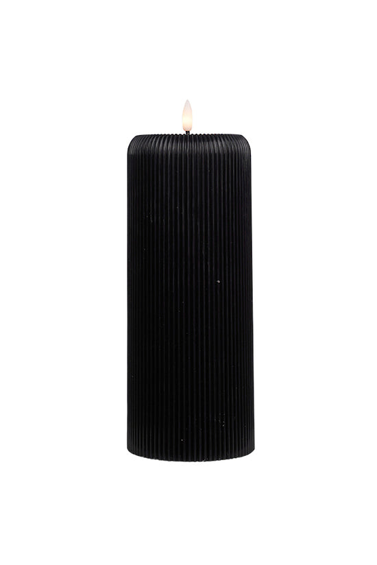 Black ribbed large candle with LED flame