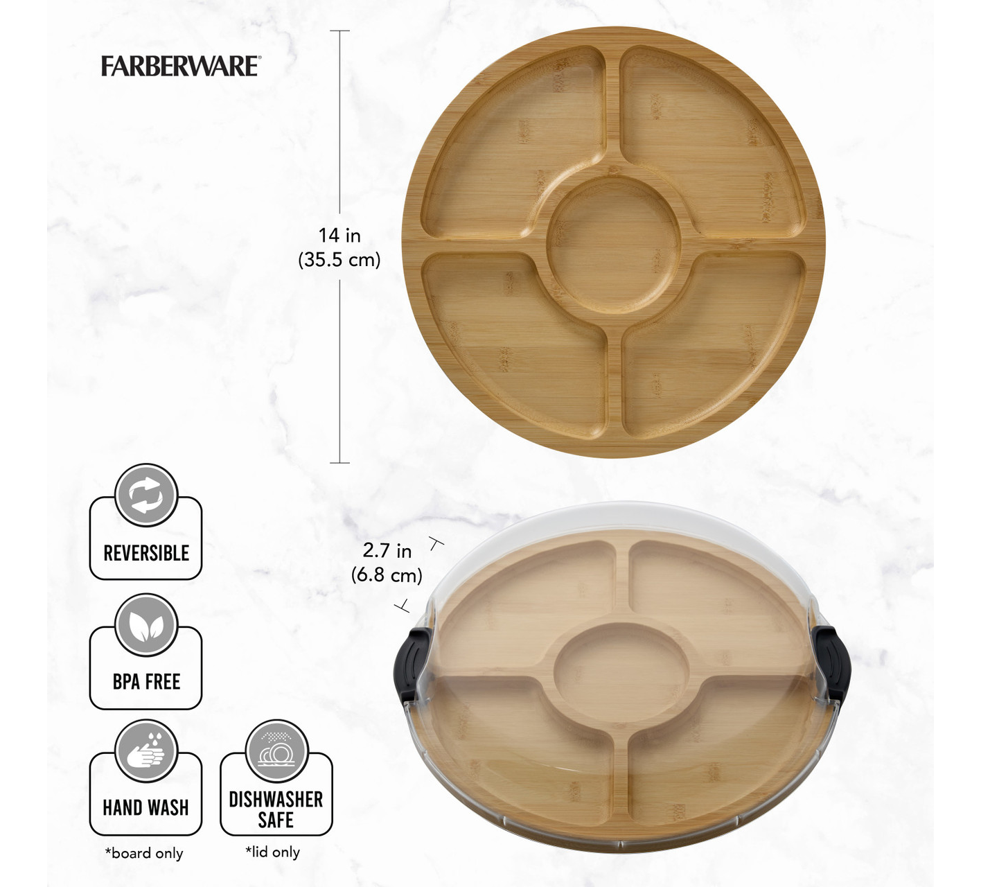Farberware reversible bamboo plate with dimensions and safety features on a white background