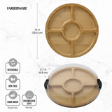 Farberware reversible bamboo plate with dimensions and safety features on a white background
