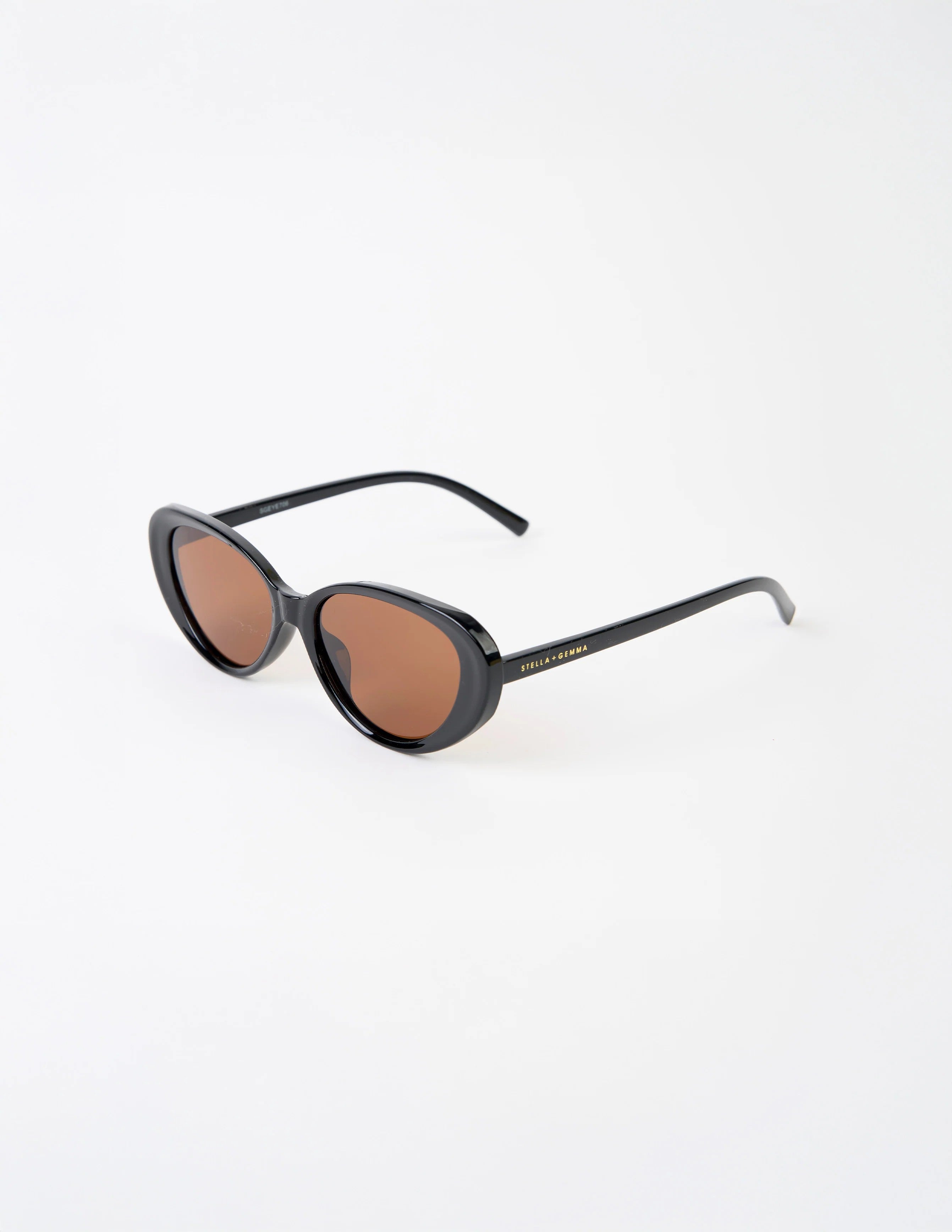 Black sunglasses with brown lenses on a white background